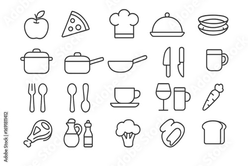 Food and cooking line icon set. Kitchen utensils, restaurant menu symbols, and culinary pictograms. Vector outline icons with editable stroke for gastronomy and recipes.