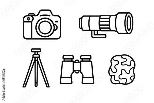 Wildlife photography gear outline icons set with DSLR camera, telephoto lens, tripod, binoculars, and camouflage pattern, outdoor equipment vector cartoon illustration
