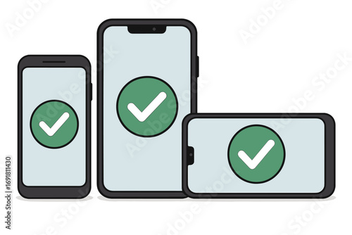 Multiple smartphone devices with green check mark confirmation, successful connection or validation symbol, modern technology concept, communication approval vector illustration
