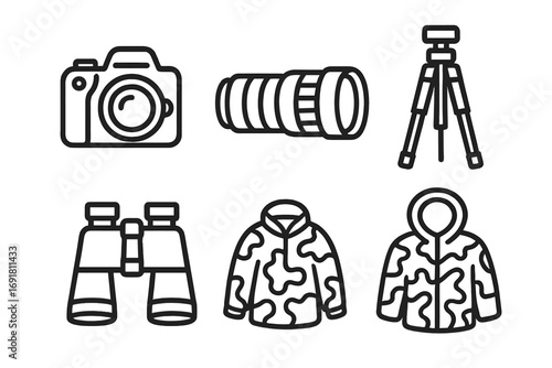 Wildlife photography gear icons set. Outline vector illustration of DSLR camera, telephoto lens, tripod, binoculars, camouflage jacket and hooded jacket for outdoor explorer equipment