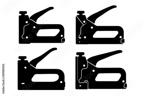 Staple gun silhouette set. Black icon collection of construction tools for repair, DIY, or upholstery. Vector graphic of heavy-duty staple guns for fastening materials.