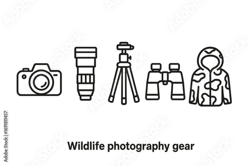 Wildlife photography gear icons outline set. DSLR camera, telephoto lens, tripod, binoculars, camouflage jacket, vector cartoon illustration for nature, bird watching, outdoor adventure