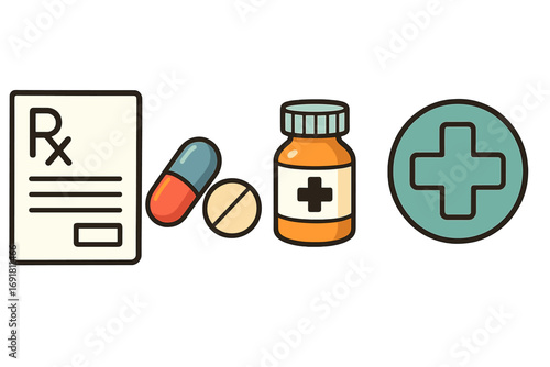 Pharmacy and medication icon set with prescription, pills, and medicine bottle. Vector illustration of healthcare symbols like Rx, capsule, tablet, and medical cross sign.