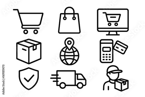 Online shopping and delivery service icon set. Minimalist line vector symbols for e-commerce, logistics, secure payment, shipping, courier, and package tracking concepts.
