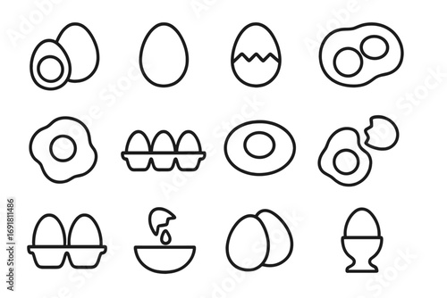 Egg line icon set. Food vector collection for cooking and breakfast. Outline icons of boiled, fried eggs, egg carton, cracking egg. Simple linear pictogram bundle for web design.