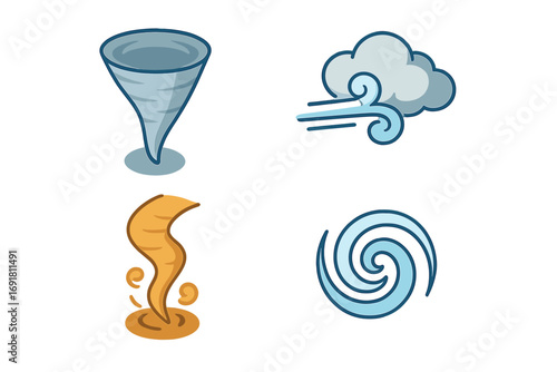 Wind phenomena icons set including tornado funnel, gust cloud, dust devil, whirlwind swirl vector cartoon illustration with isometric flat design for weather and nature concepts