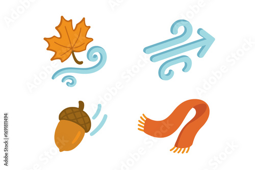 Windy autumn icons set. Isometric flat vector illustration of swirling leaf, gust arrow, falling acorn, flying scarf. Cartoon style seasonal fall weather symbols for design