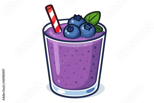 Blueberry smoothie vector cartoon illustration. Healthy fresh fruit shake in glass with straw. Purple detox beverage for diet, breakfast, or summer refreshment. Sweet organic berry drink.