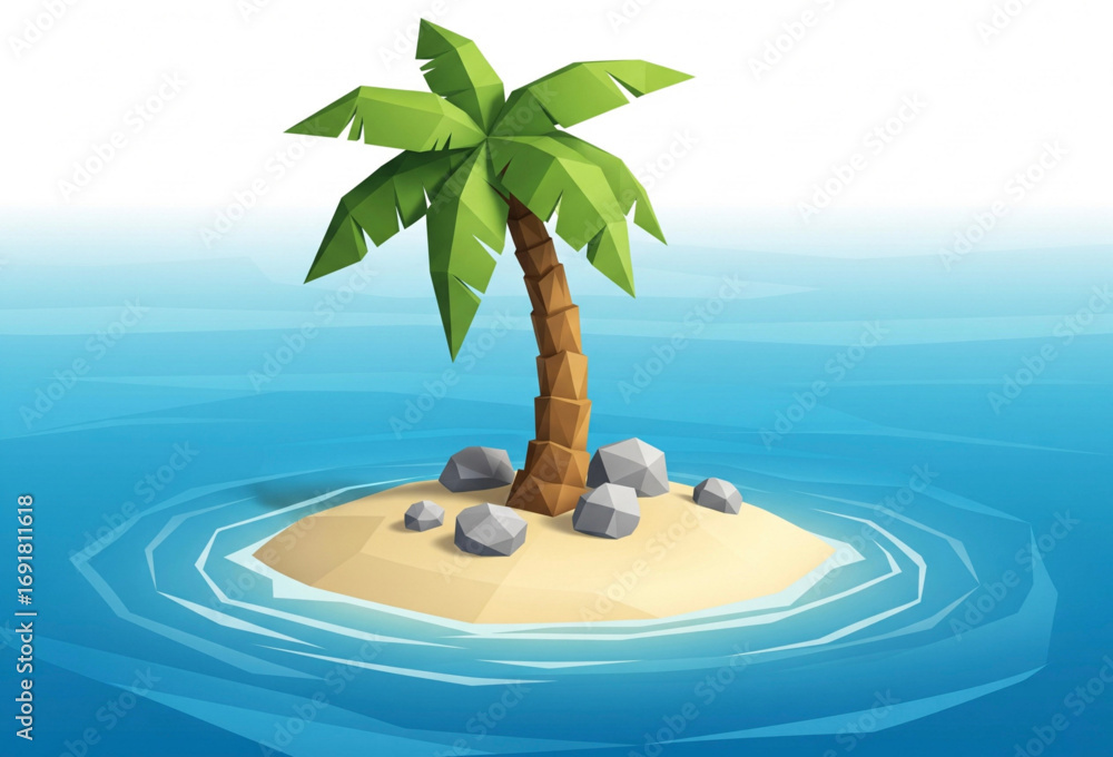 Obraz premium Small Island in the Middle of the Sea with Coconut Trees Vector Illustration
