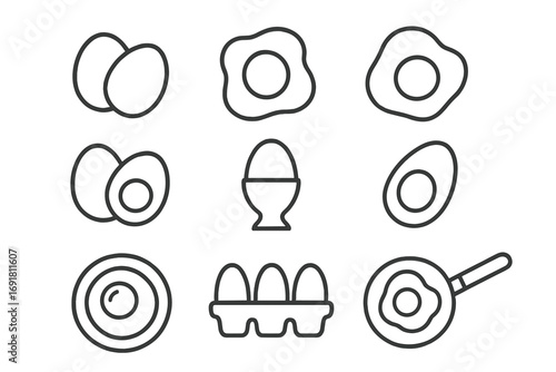 Egg line icon set. Food collection for breakfast menu. Linear pictogram pack with fried egg, boiled egg, egg carton, and omelette. Cooking and restaurant vector symbols.