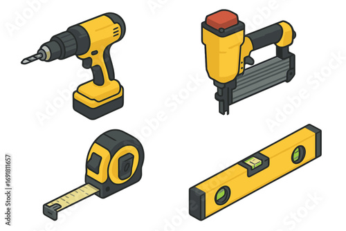 Isometric Siding Tools Icon Set with Power Drill, Nail Gun, Measuring Tape, Level, Construction Equipment Vector Cartoon Illustration for Home Improvement and Carpentry