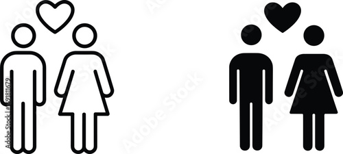 Couple icon outline and filled silhouette with heart above Keywords: couple icon, love icon, heart icon, relationship icon