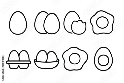 Egg line icon set for cooking and breakfast food. Vector collection of linear pictograms: fried egg, boiled egg, cracked shell, and eggs in a carton for web and app design.