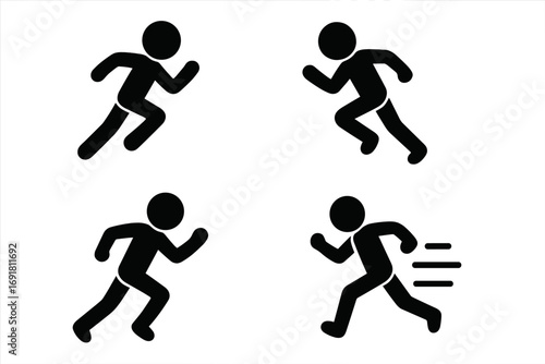 Runner icon set with running man silhouettes. Vector pictograms for sport, fitness, marathon, and athletics. Fast sprint, jogger, and race symbols for workout design.