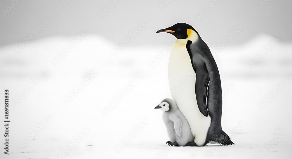 Obraz premium Emperor Penguin and chick find comfort in Antarctic winter