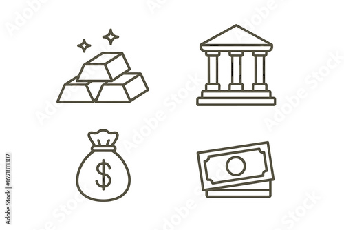 Finance banking thin line icon set. Gold bars, bank, money bag, cash. Concept of investment, savings, wealth, economy, treasure, currency. Financial symbols collection.