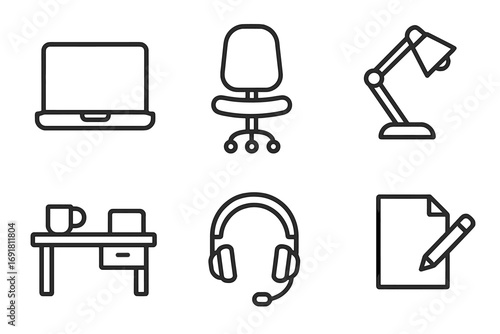 Home office essentials icon set for remote work. Minimalist linear vector icons for business and freelance workplace. Laptop, chair, lamp, desk, headset, document signs.