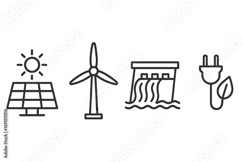 Renewable energy icons set with solar panel, wind turbine, hydro power dam, and green electricity plug, linear style vector illustration, clean energy concept design, transparent background