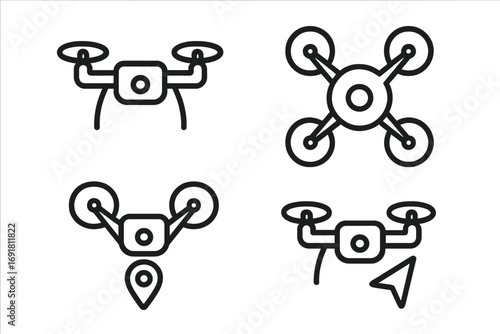 Drone icon set vector line art. Minimalistic quadcopter symbol collection for technology & navigation. Aerial delivery, photography, surveillance concept with location pin.