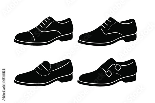 Men's classic dress shoe silhouette collection. Vector icons of formal footwear: oxford, derby, loafer, and monk strap. Business fashion. Elegant leather shoes set isolated.