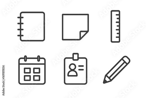 Office stationery line icon set for business. Minimalist work and school supplies symbols. Vector graphics of notebook, sticky note, ruler, calendar, ID badge, and pencil.