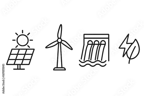 Renewable energy icons set with solar panel, wind turbine, hydroelectric dam, and green electricity symbol, linear style vector illustration with transparent background, clean design