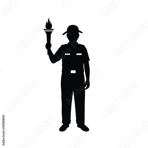 Black silhouette guard holding torch flame fire