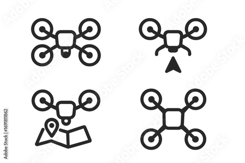 Drone icon set. Quadcopter technology vector symbols for navigation, delivery, and aerial photography. Minimalist line art pictograms. GPS tracking and flight control UI.