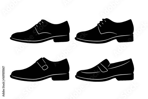 Collection of elegant men's formal shoe silhouettes. Vector set of classic footwear icons. Oxford, derby, loafer, and monk strap shoes for business and fashion design.