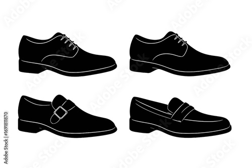 Men's classic dress shoe collection. Vector silhouette icon set of formal footwear. Includes Oxford, Loafer, and Monk strap styles. For business, fashion, and elegant design.