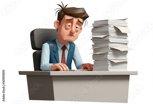 A vector illustration of an office worker exhausted and stressed, facing overwhelming tasks and a heavy workload