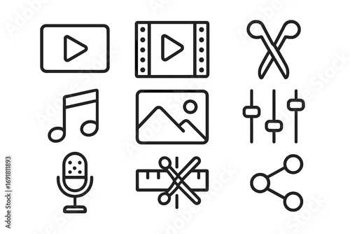 Multimedia linear icon set for editing and sharing. Video, music, and photo tools. Play, cut, mix, share symbols. Microphone, filmstrip, picture, and audio pictograms. UI UX vector.