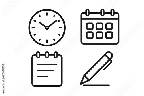 Time management icon set. Minimalist linear icons for organization, and writing. Vector essentials. Clock, calendar, notepad, pen symbols for business planning and scheduling.