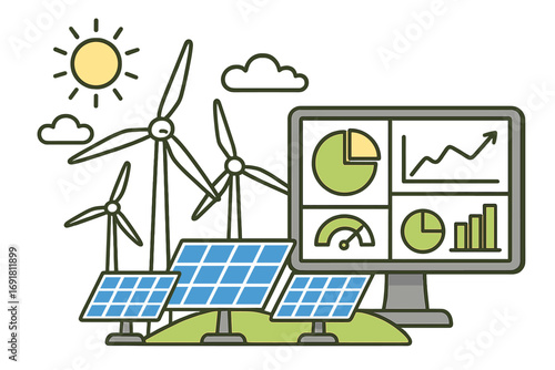 Renewable energy systems with wind turbines, solar panels, data analytics dashboard, sustainable development concept, eco-friendly power generation, green energy technology vector illustration