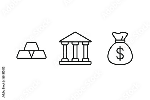 Finance and banking icon set with gold bars, bank building, and money bag. Vector outline symbols for investment, wealth, savings, and economy. Editable stroke illustration.
