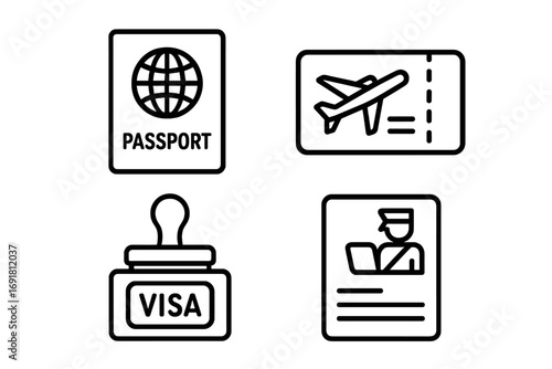 Travel icons grid outline set of travel documents including passport, boarding pass, visa stamp, and customs form, vector illustrations for travel, tourism, and international journey concepts