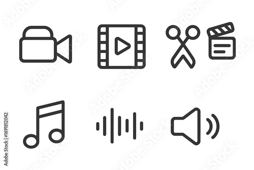 Video audio icon pack. Multimedia line symbols for editing tools. Movie maker, music, sound wave, player, camera, cut, volume. Film production & post production elements.