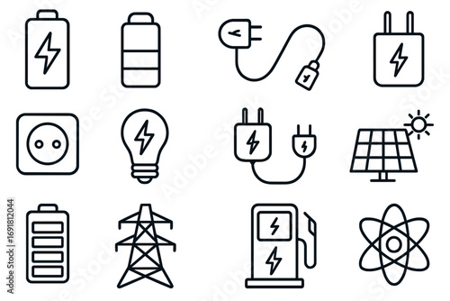 Energy line icon collection. Power and electricity symbols. Battery charge level, charging station, solar panel, renewable energy. Light bulb, plug, socket, atom, power line.