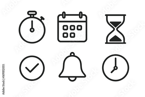 Minimalist time management icons set with stopwatch, calendar, hourglass, check mark, bell, and clock, vector cartoon illustration, transparent background, ordered collection