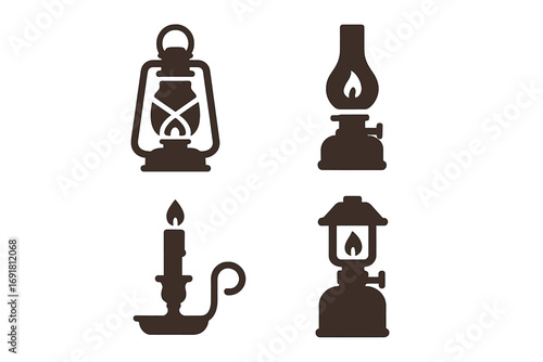 Vintage light fixtures icons set, solid filled vector illustrations of antique oil lantern, kerosene lamp, candle holder, gas lamp, retro lighting elements, classic illumination symbols