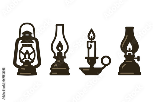 Vintage light fixtures icons set, solid filled vector design with oil lantern, kerosene lamp, candle holder, gas lamp, retro antique lighting elements, cartoon style