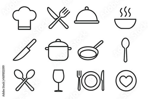 Simple culinary icons set linear utensils dishes dining symbols for restaurants kitchen cooking food preparation collection vector illustration transparent background