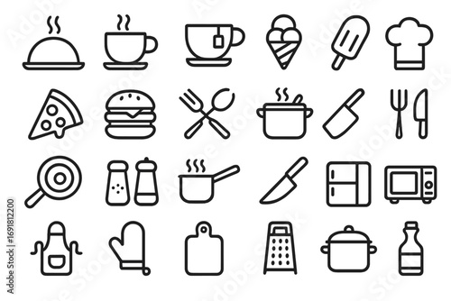 Food and kitchen line icon set. Cooking, restaurant, and cafe symbols. Utensil, cookware, and fast food outline icons. Vector pictogram collection for web and apps.