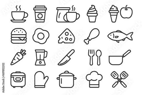 Food and cooking line icon set. Kitchen utensils, fast food, and drink icons for web, app design. Vector collection includes burger, coffee, fish, and chef hat symbols.