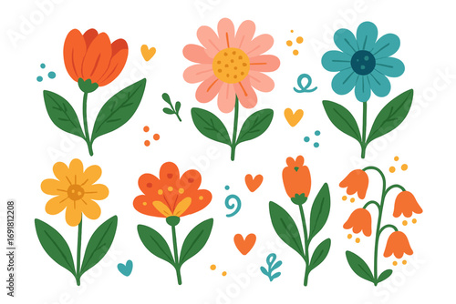 Wallpaper Mural Spring flower vector flat illustration with decorative elements, colorful cartoon floral designs, blooming blossoms, green leaves for greeting cards, scrapbooking, and crafts Torontodigital.ca