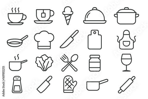 Food cooking kitchen line icon set. Chef restaurant and cafe outline icons. Utensils, kitchenware pictogram collection. Knife, pot, pan, apron, coffee, tea, wine glass vector.