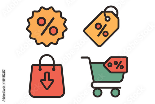 Shopping discount icon set for sales and promotions. Vector cartoon graphic elements. Price tag, percent sticker, cart, and bag for retail clearance, special offer, and e-commerce.