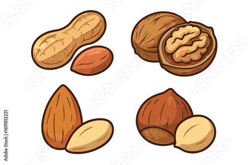 Cartoon style vector illustration of assorted nuts set with peanut, walnut, almond, hazelnut, shelled and unshelled nuts collection on transparent background