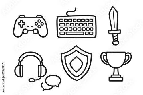 Gaming doodle icon set. Vector line art illustration of game controller, keyboard, sword, shield, trophy, and headset for eSports, online streaming, and cyber sport concept.