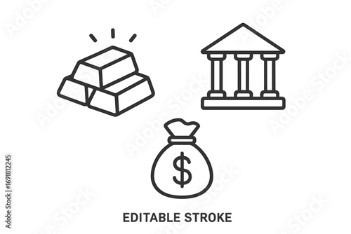 Finance line icons set with gold bars, bank, money bag. Vector symbols for wealth, investment, savings, currency, economy. Business and banking concepts. Editable stroke.